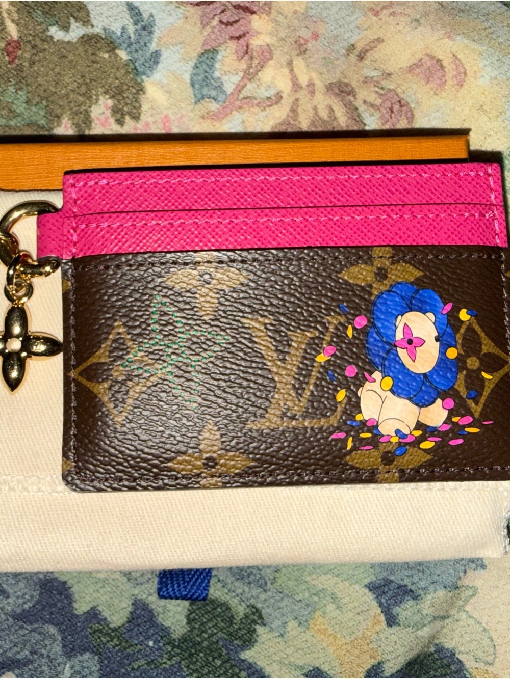 Louis Vuitton Pink and Brown Monogram Card Holder with Floral Print Charm